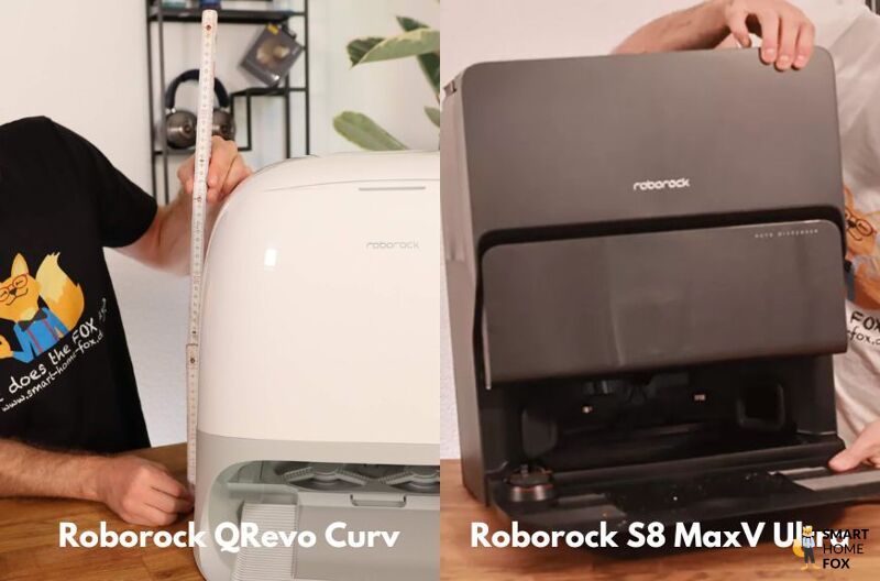 Roborock QRevo Curv Absaugstation steht neben der des S8 MaxV Ultra
